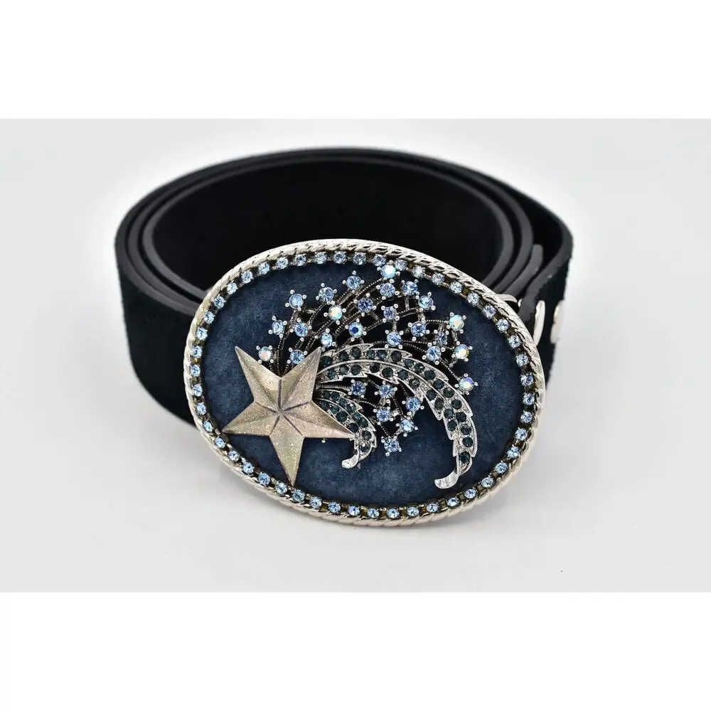 3G Buckles Black Suede Belt L 36-38 Celestial Star Blue Rhinestone Buckle Y2K